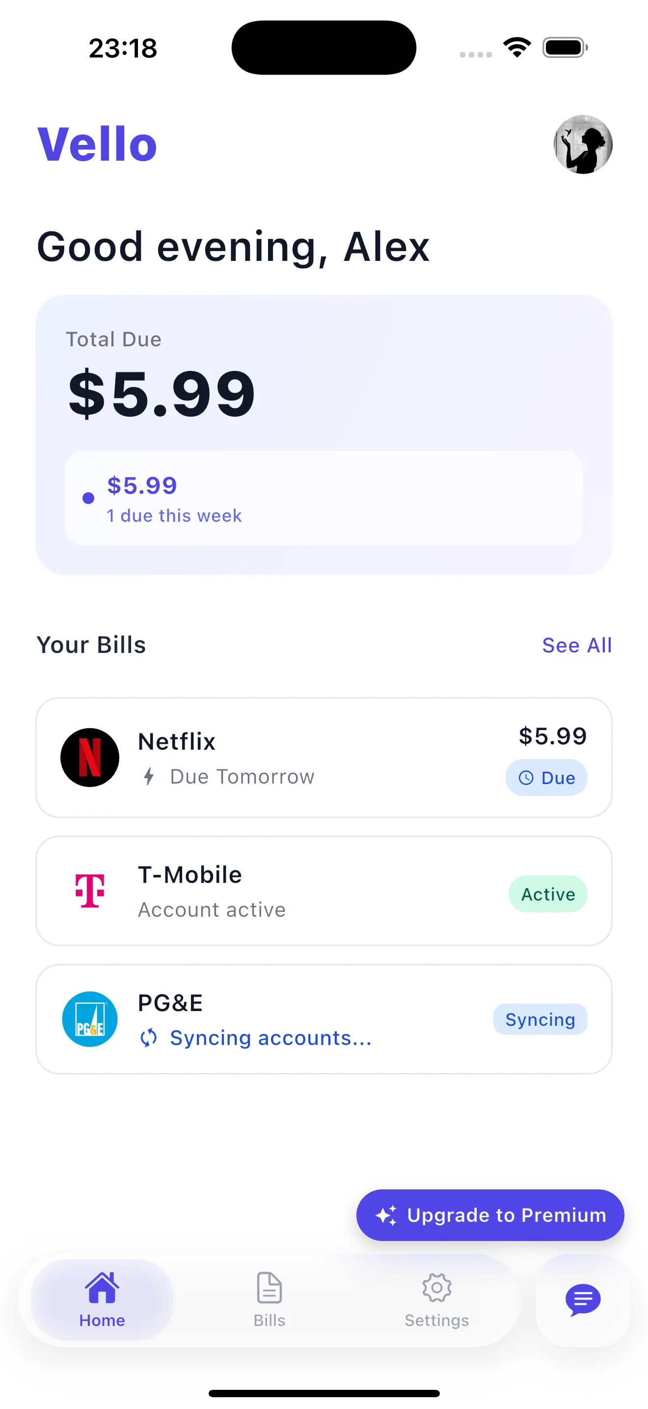 Vello app screenshot showing bills dashboard